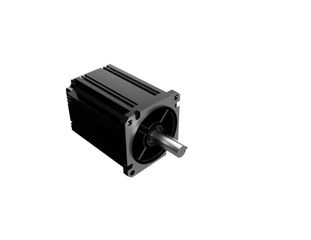 Borstlös motor med svart, räfflat aluminiumhölje och fyrkantig fläns