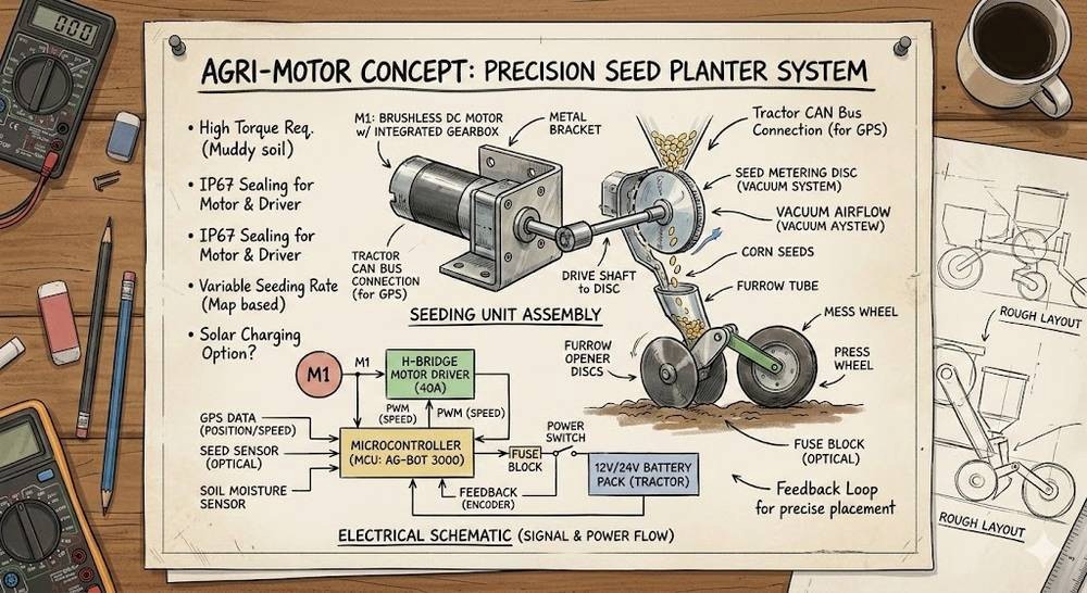 Konceptskiss av en precisionssåmaskin med en borstlös DC-motor som driver sådoseringsskivan